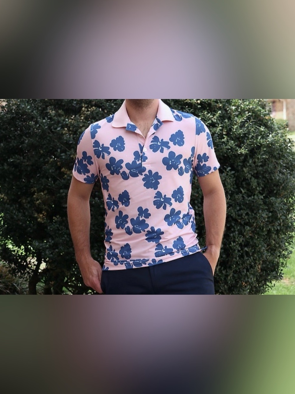 Goodfellow & Co Floral Polo Shirt Mens M Pink Blue Hawaiian Print